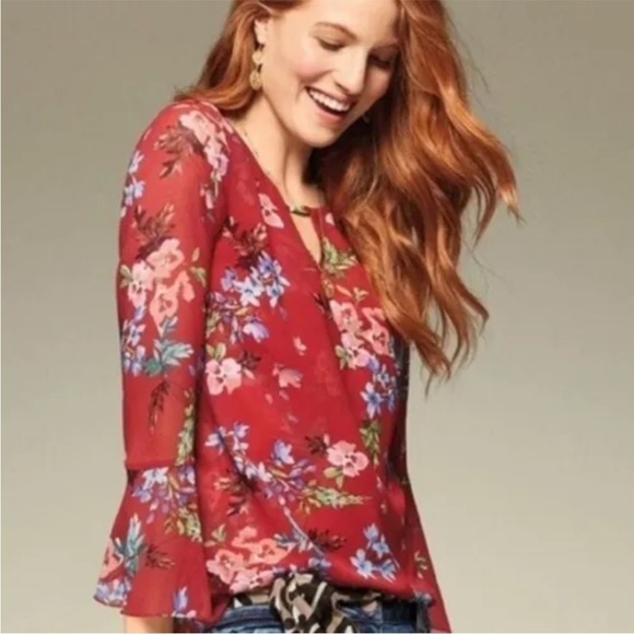 Cabi Devoted blouse floral red polyester bell sleeve semi sheer M lined - Picture 1 of 9